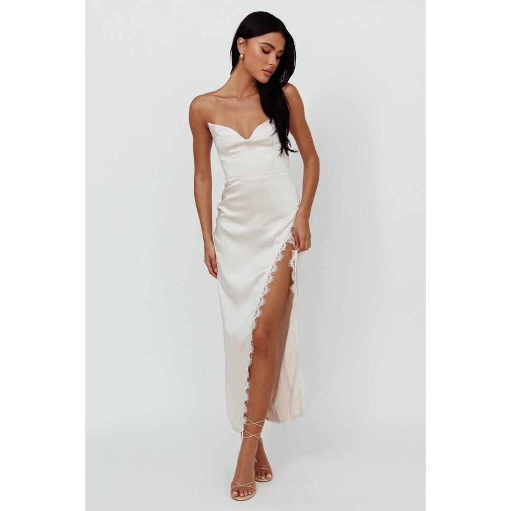 Selfie Leslie Winter Moon Champagne Strapless Womens Midi Dress XS NWT Elegant